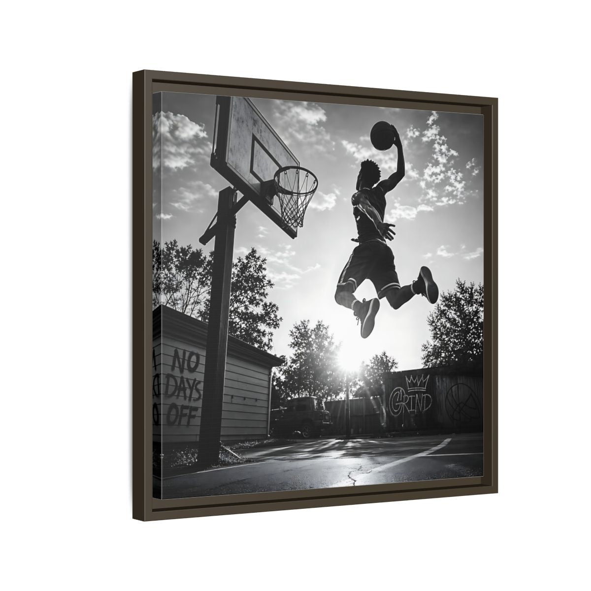 Side Mockup 11. Backyard Slam Dunk shown as framed canvas print
