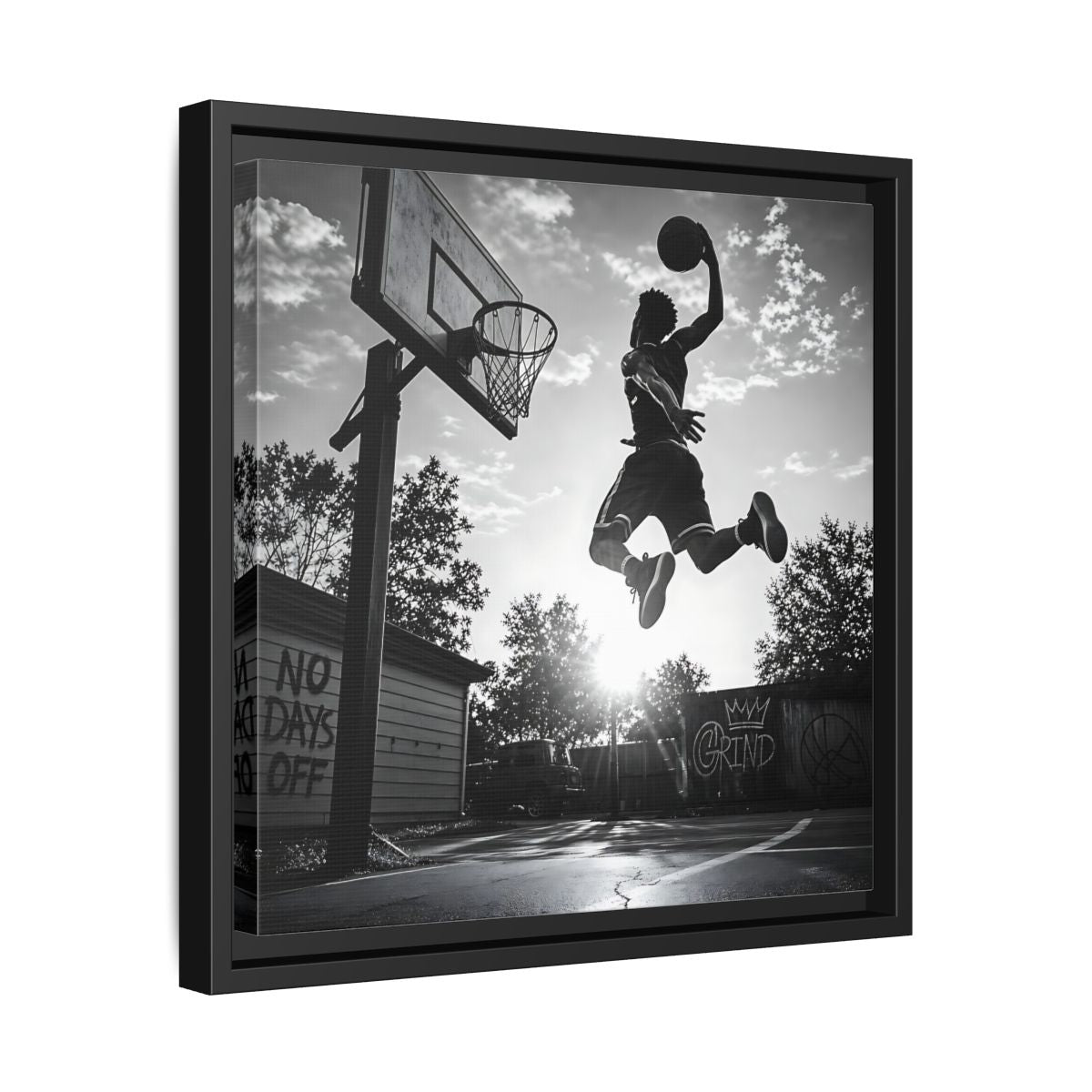 Side Mockup 32. Backyard Slam Dunk shown as framed canvas print