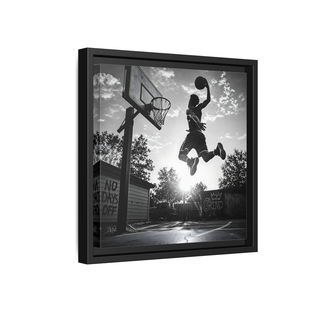 Side Mockup 18. Backyard Slam Dunk shown as framed canvas print