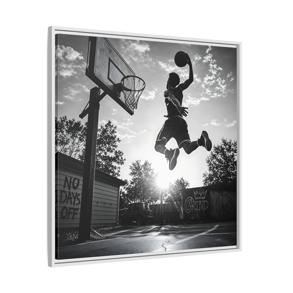 Side Mockup 25. Backyard Slam Dunk shown as framed canvas print