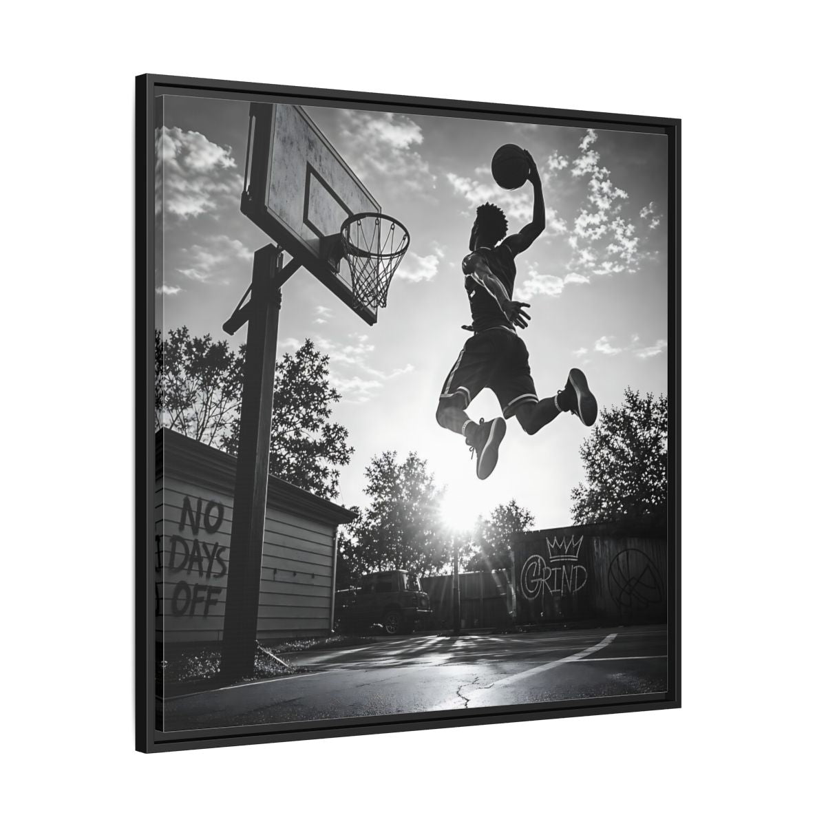 Side Mockup 30. Backyard Slam Dunk shown as framed canvas print