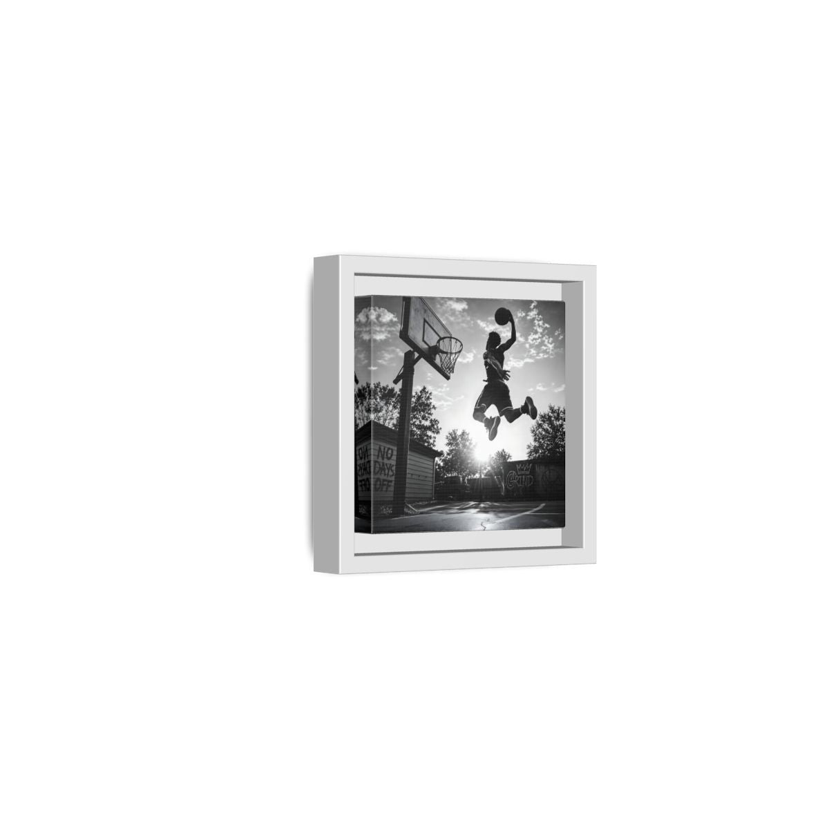 Side Mockup 22. Backyard Slam Dunk shown as framed canvas print