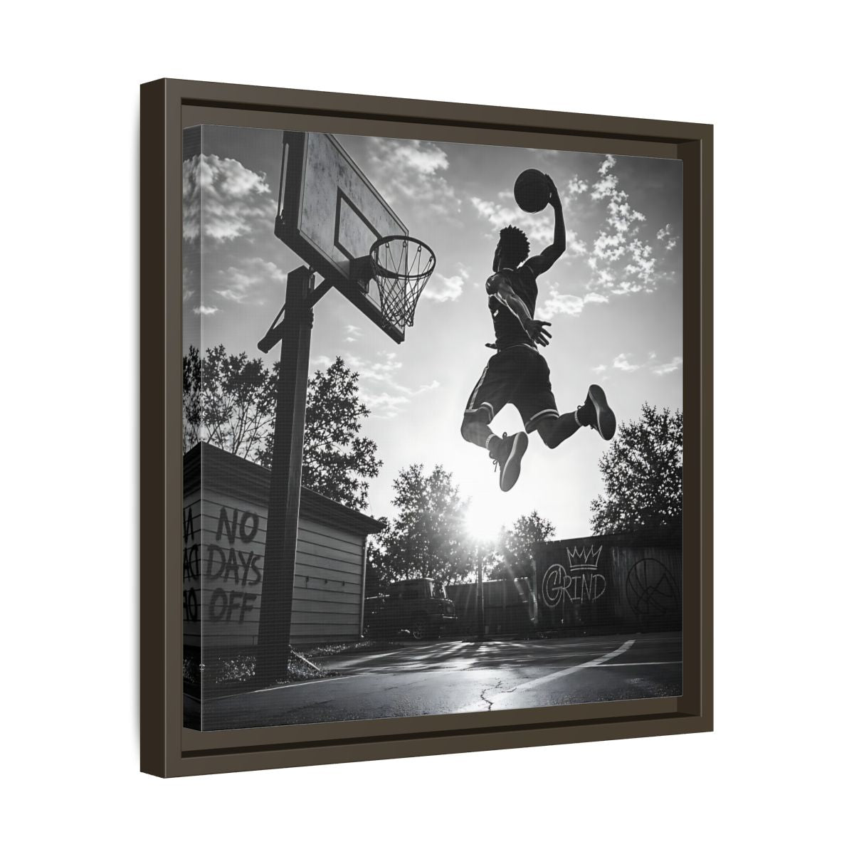 Side Mockup 29. Backyard Slam Dunk shown as framed canvas print