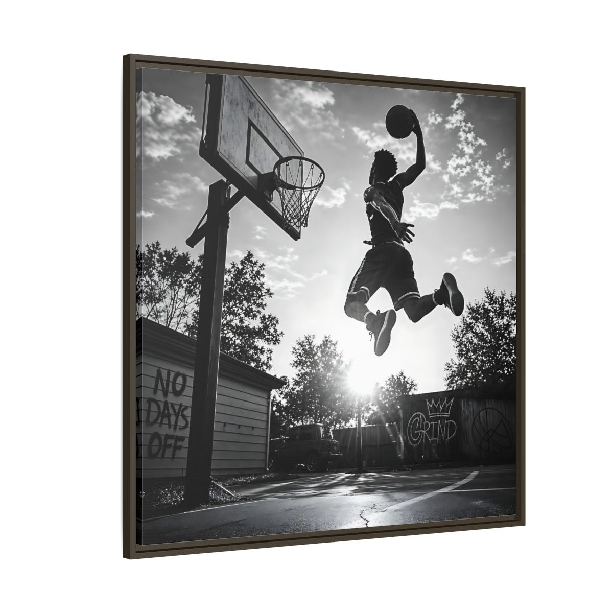 Side Mockup 5. Backyard Slam Dunk shown as framed canvas print