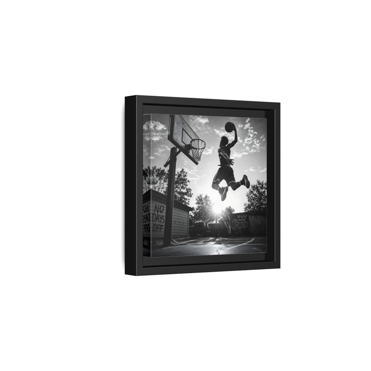 Side Mockup 3. Backyard Slam Dunk shown as framed canvas print
