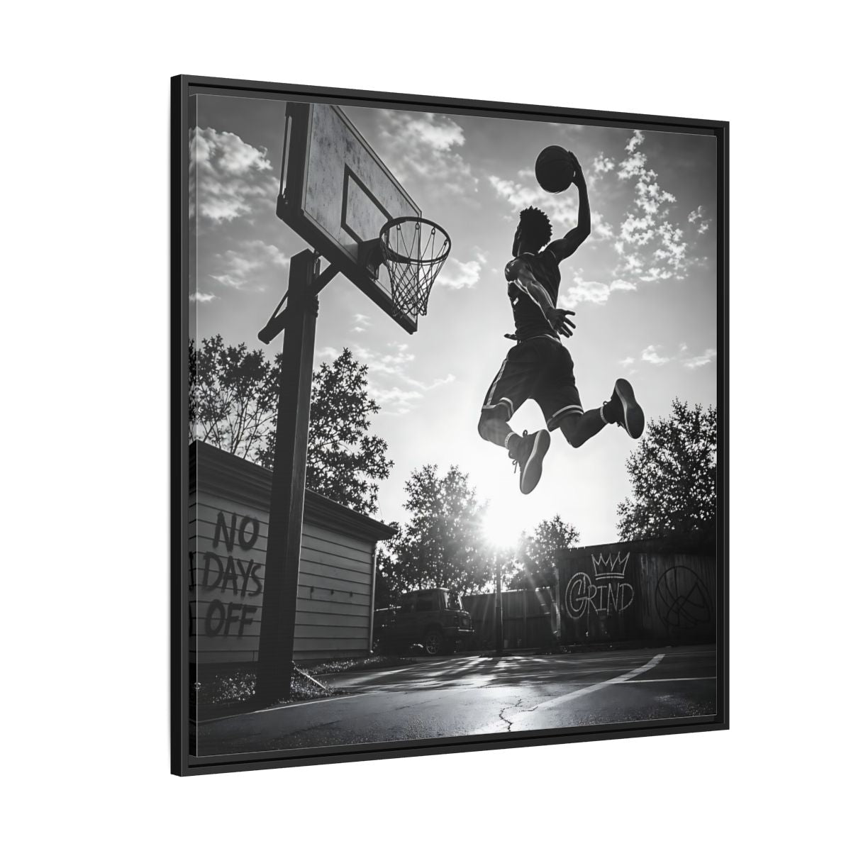 Side Mockup 6. Backyard Slam Dunk shown as framed canvas print