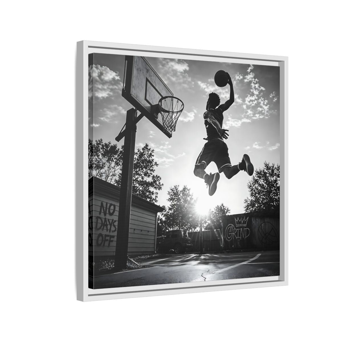 Side Mockup 10. Backyard Slam Dunk shown as framed canvas print
