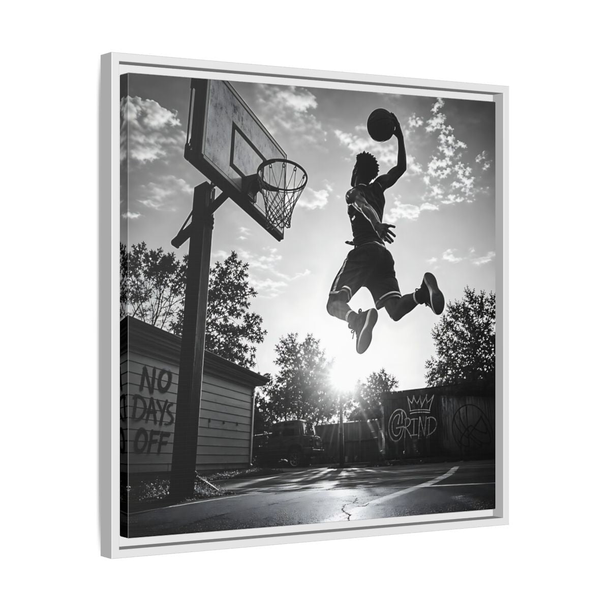 Side Mockup 26. Backyard Slam Dunk shown as framed canvas print