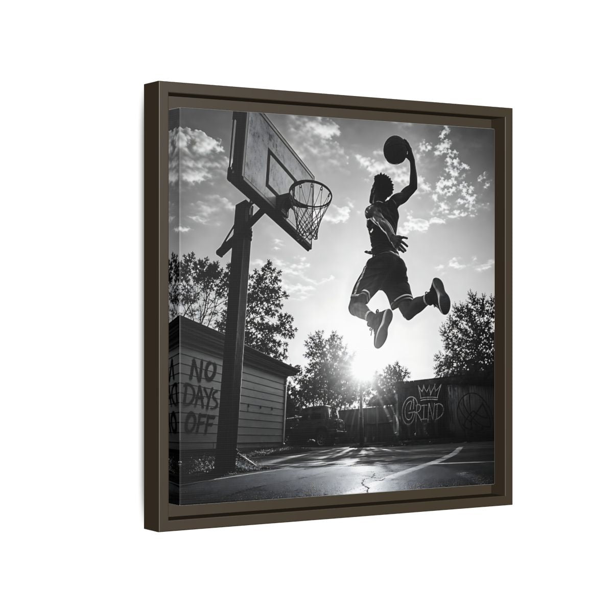 Side Mockup 14. Backyard Slam Dunk shown as framed canvas print