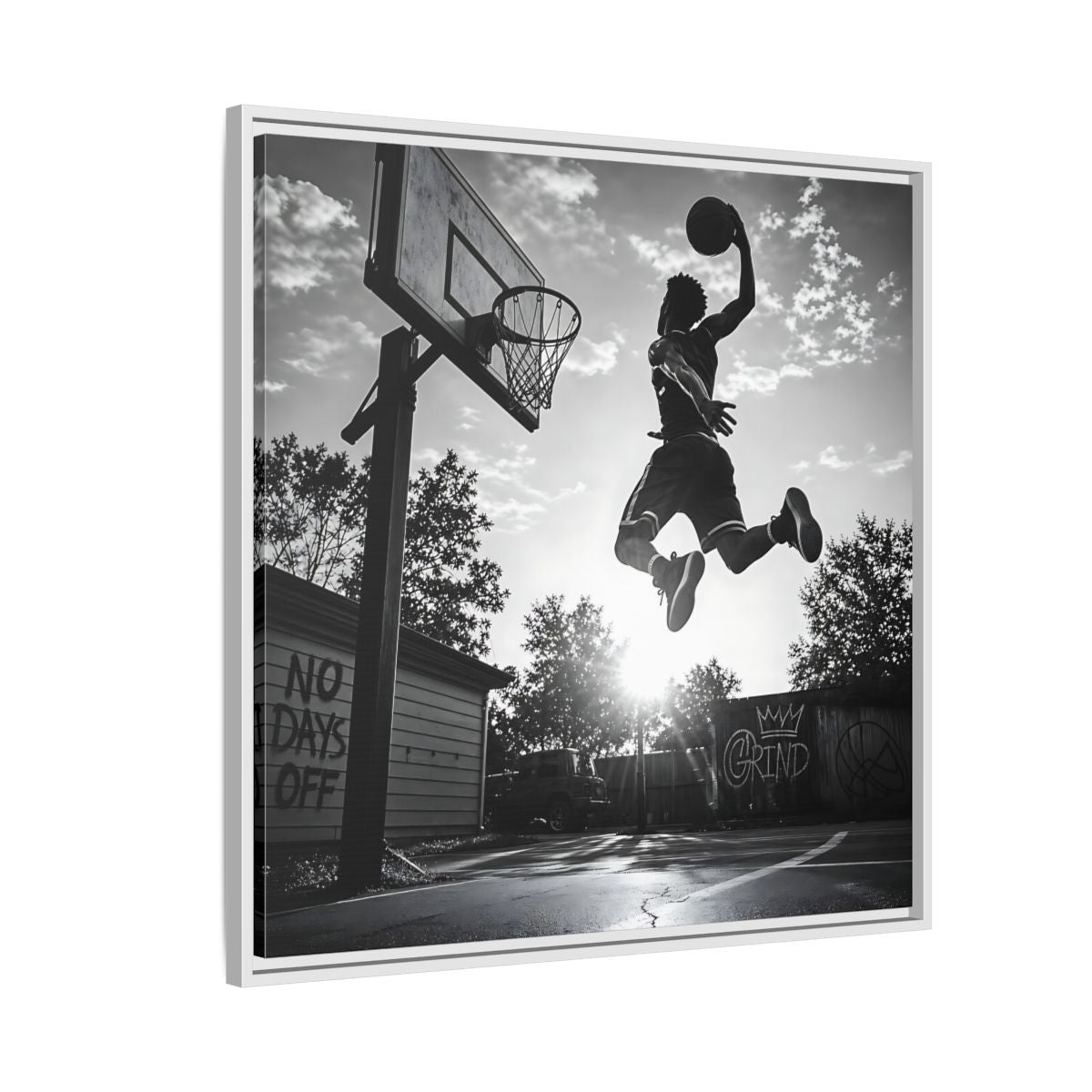 Side Mockup 7. Backyard Slam Dunk shown as framed canvas print