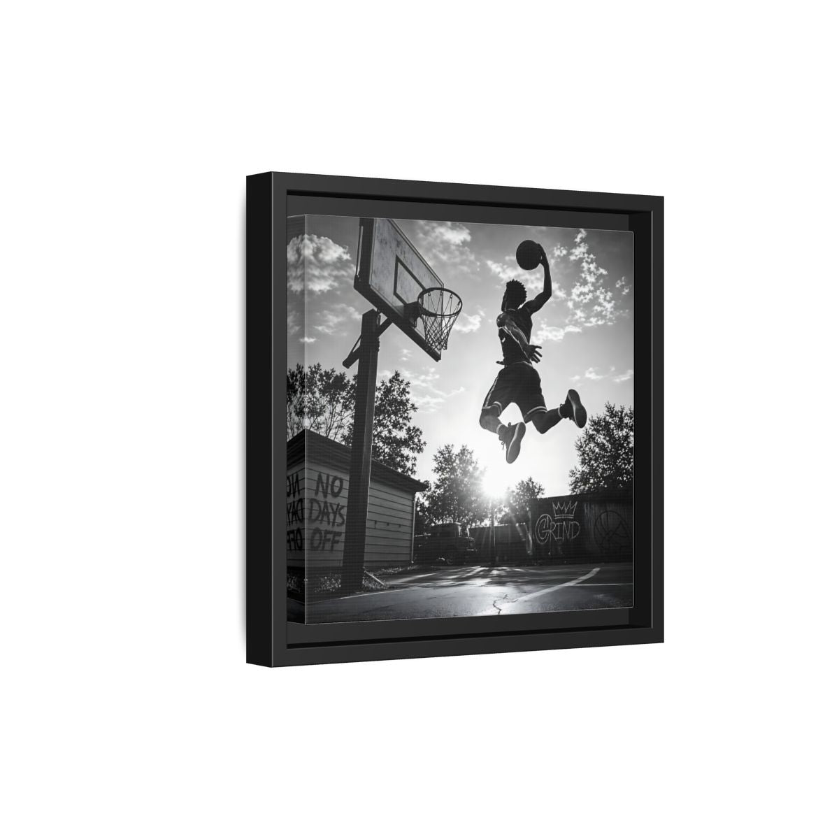 Side Mockup 21. Backyard Slam Dunk shown as framed canvas print