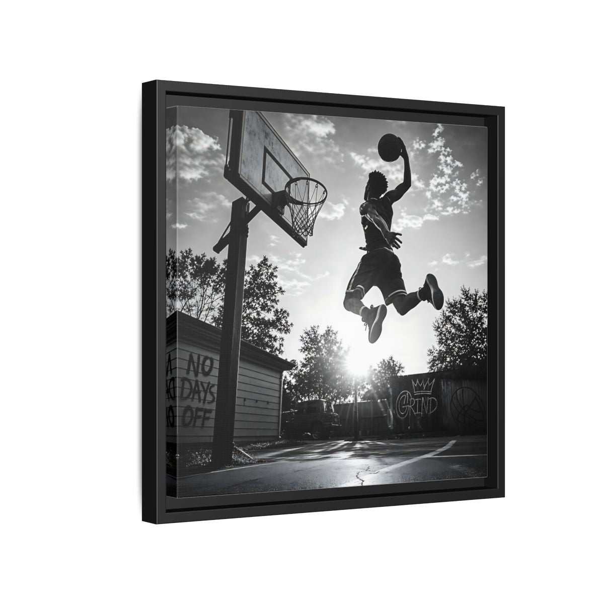 Side Mockup 15. Backyard Slam Dunk shown as framed canvas print