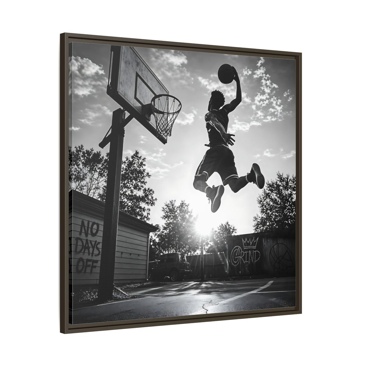 Main Mockup. Backyard Slam Dunk shown as framed canvas print