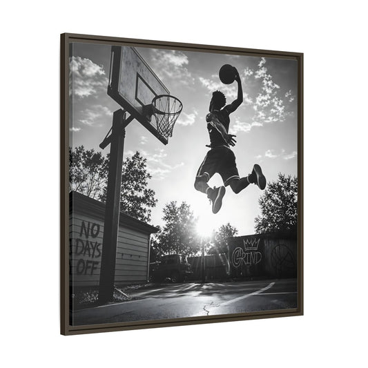 Main Mockup. Backyard Slam Dunk shown as framed canvas print