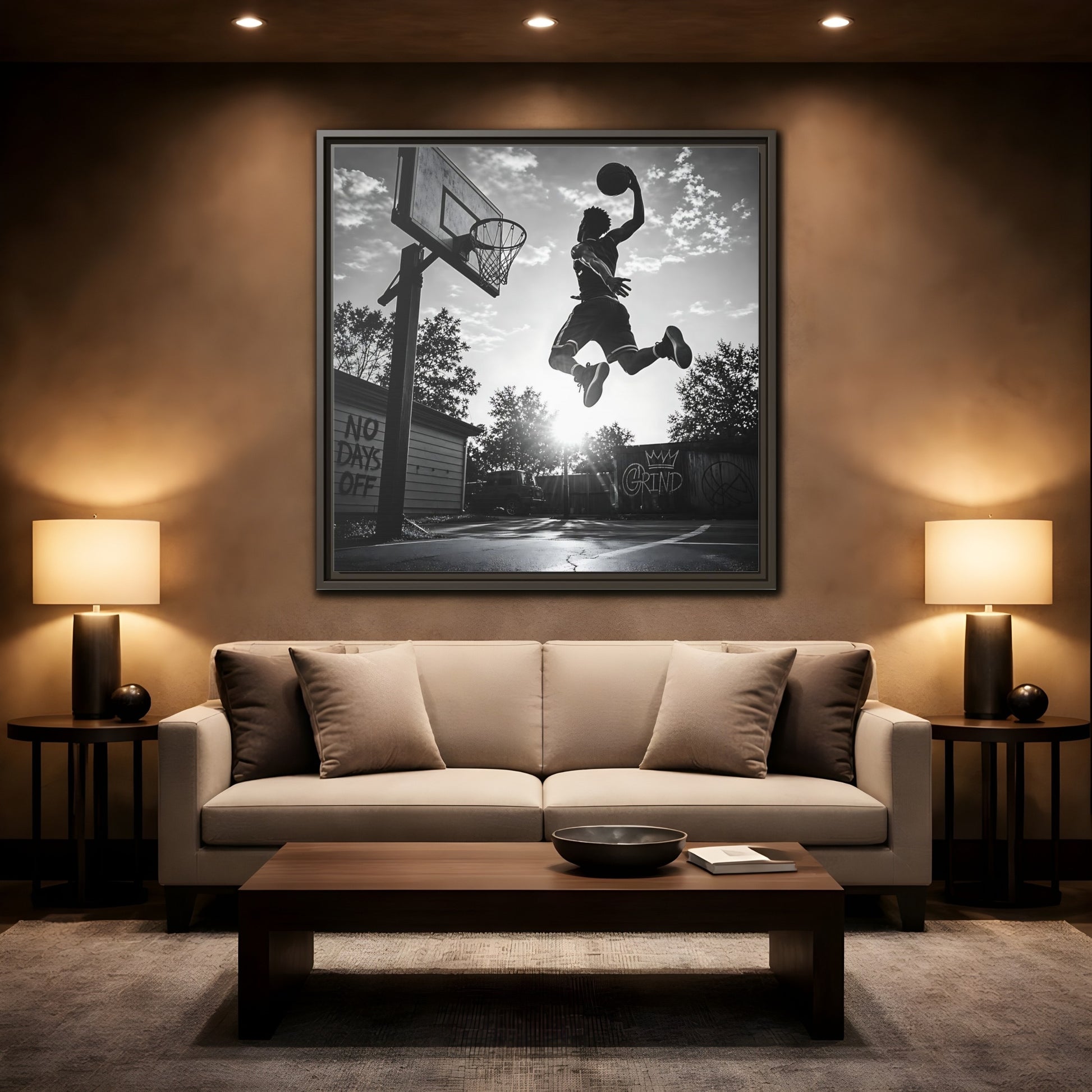 Mockup 2. Backyard Slam Dunk shown as framed canvas print