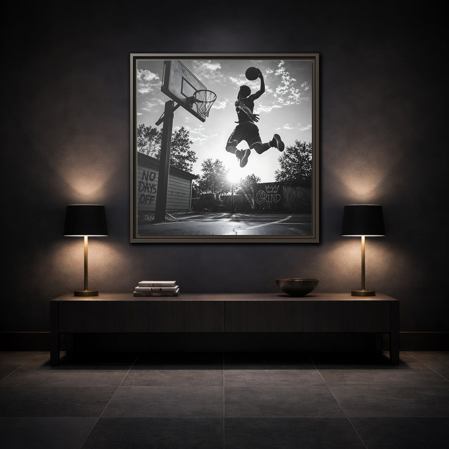 Mockup 3. Backyard Slam Dunk shown as framed canvas print