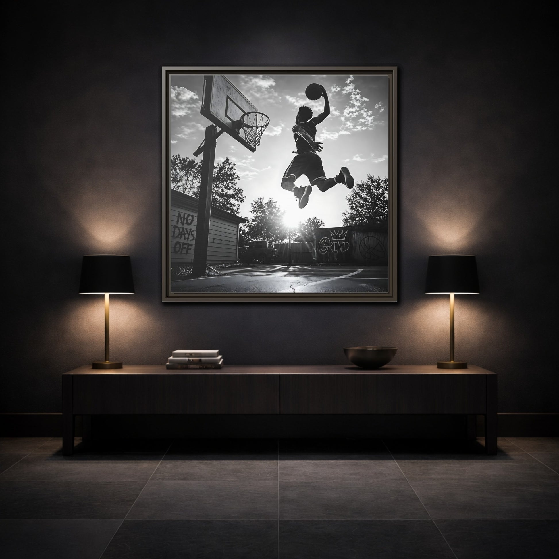 Mockup 3. Backyard Slam Dunk shown as framed canvas print
