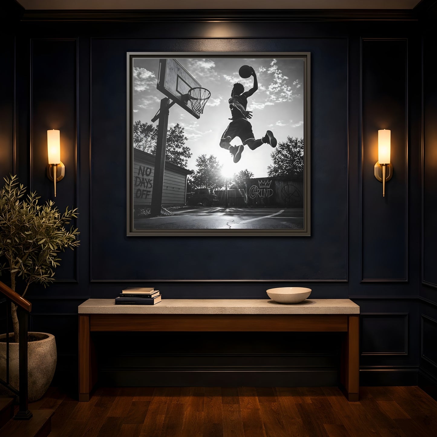 Mockup 4. Backyard Slam Dunk shown as framed canvas print
