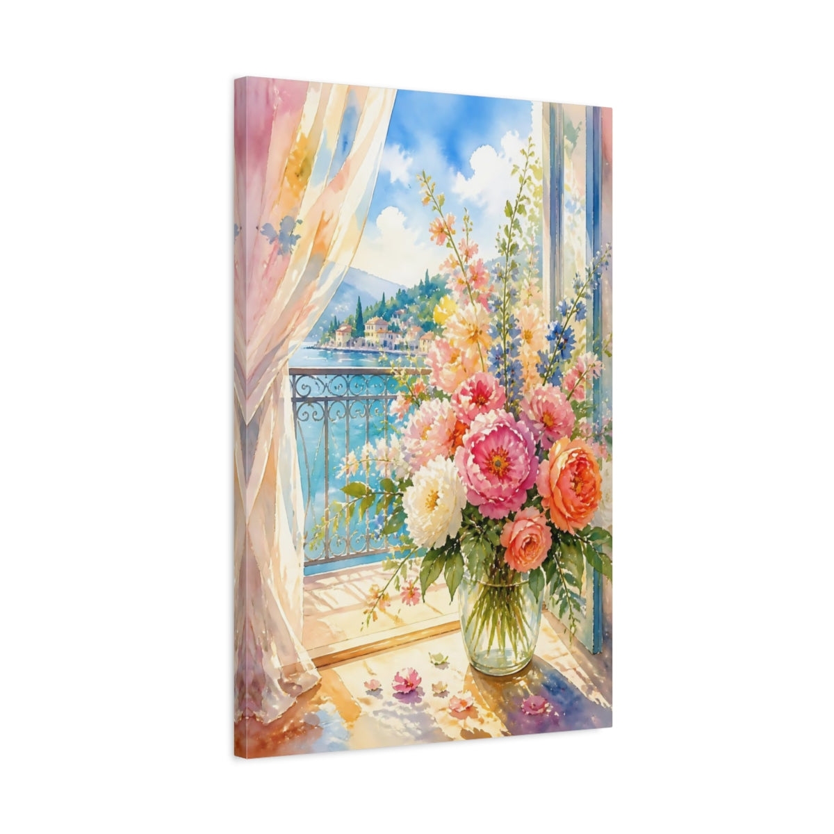 Side Mockup 2. Balcony Bouquet By The Sea shown as canvas print