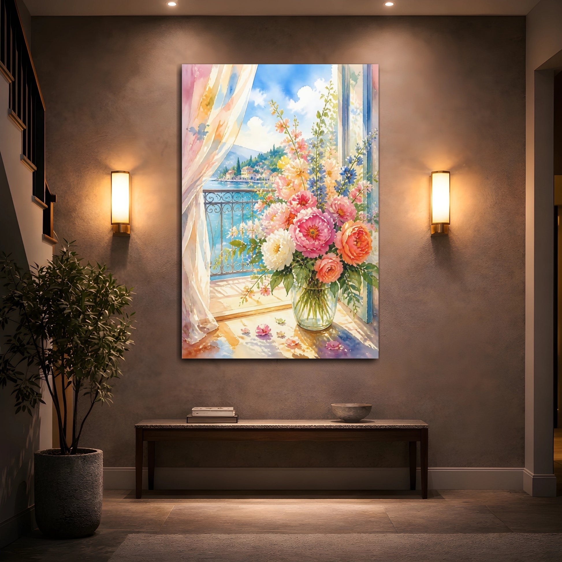 Mockup 2. Balcony Bouquet By The Sea shown as canvas print