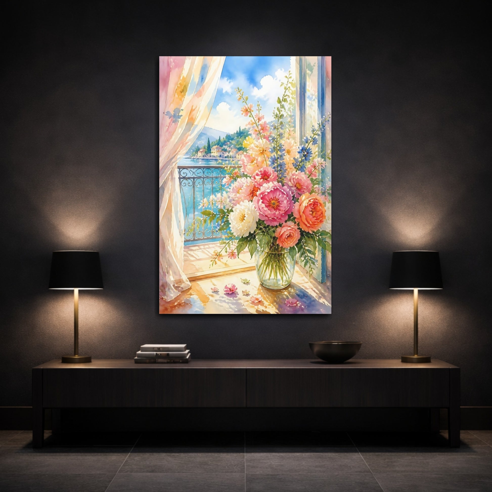 Mockup 3. Balcony Bouquet By The Sea shown as canvas print