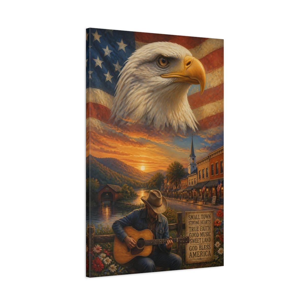 Main Mockup. Bald Eagle Over Small Town shown as canvas print