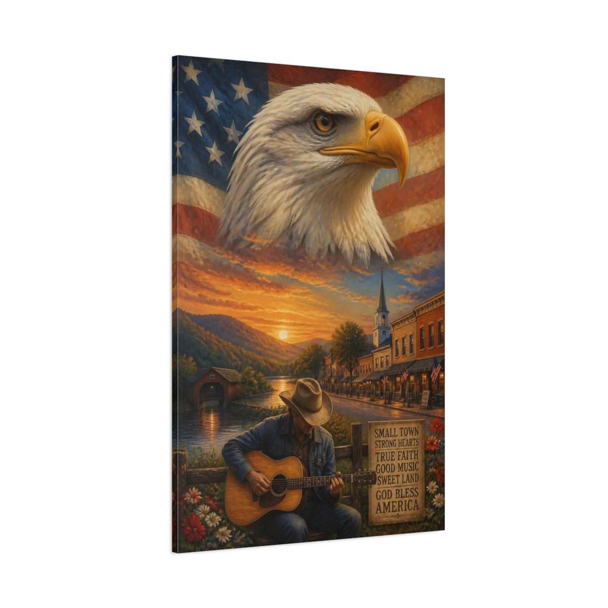 Side Mockup 1. Bald Eagle Over Small Town shown as canvas print