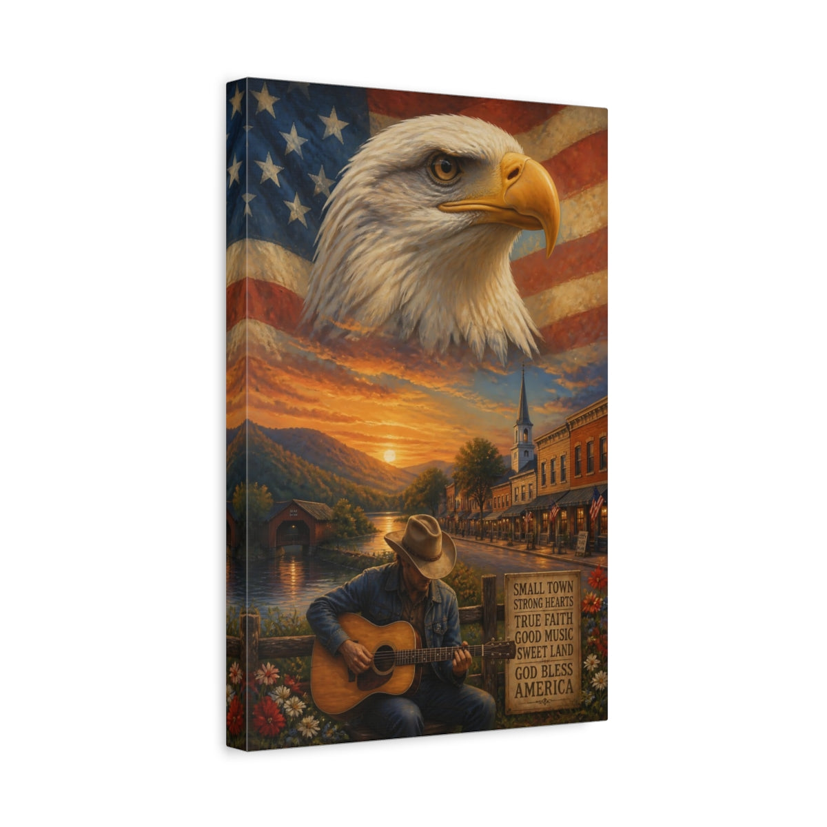 Side Mockup 4. Bald Eagle Over Small Town shown as canvas print