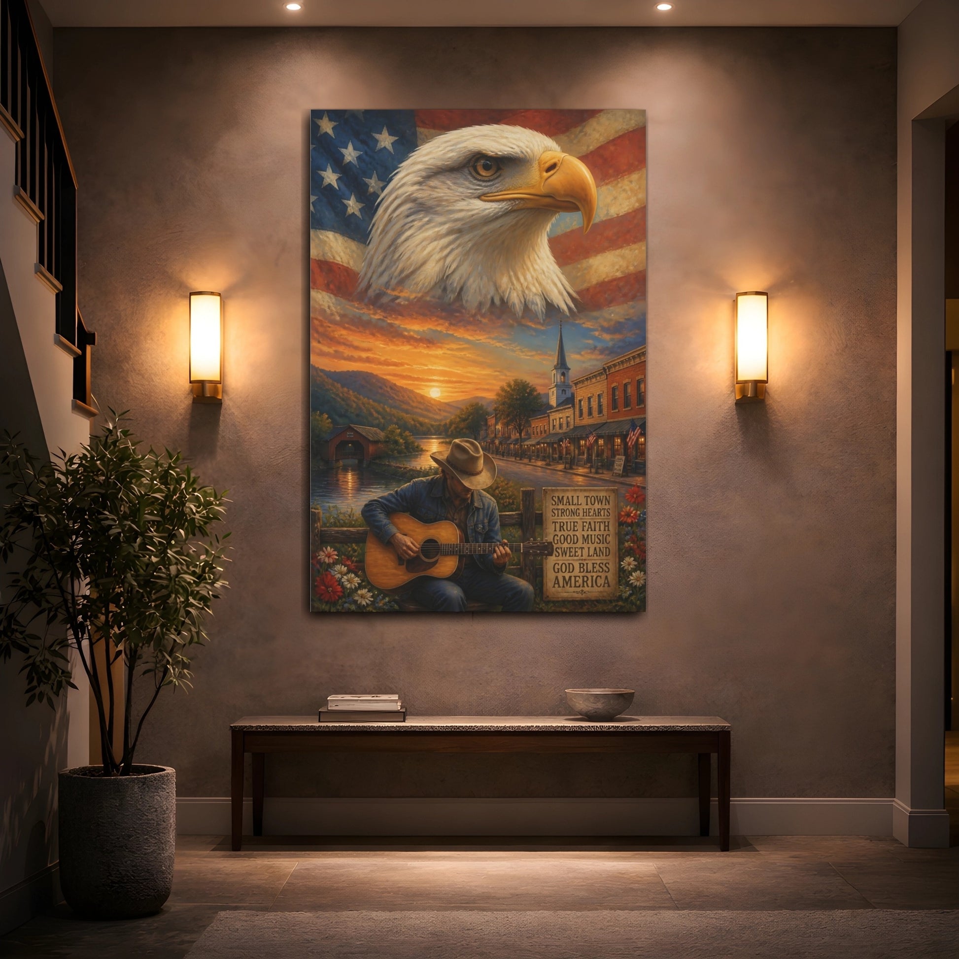 Mockup 2. Bald Eagle Over Small Town shown as canvas print