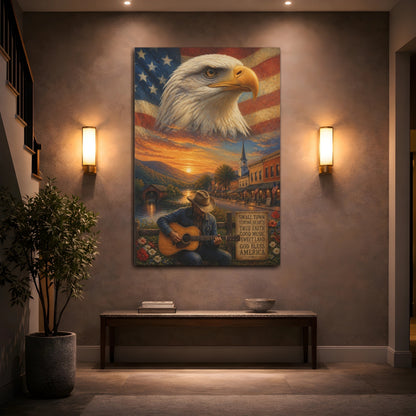Mockup 2. Bald Eagle Over Small Town shown as canvas print