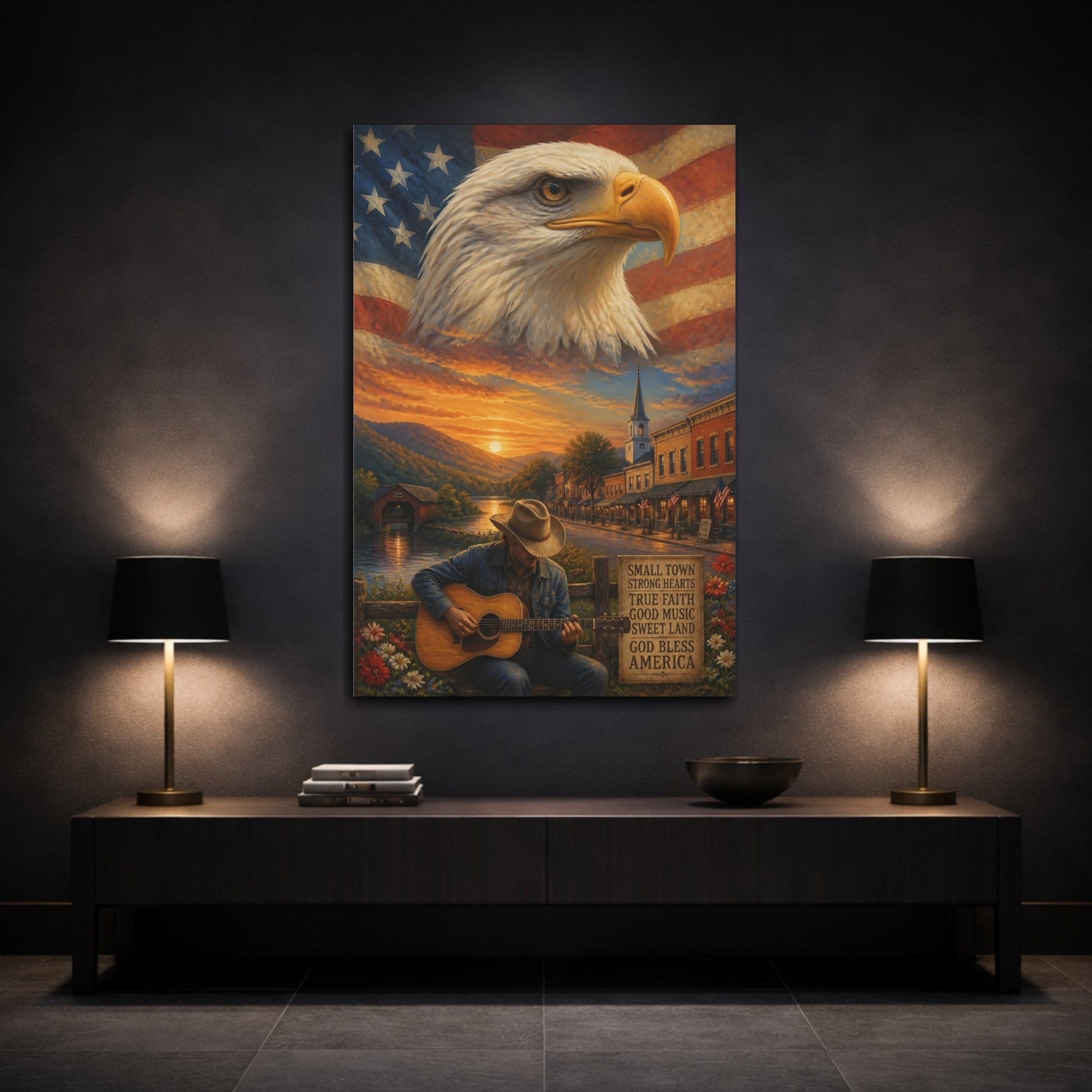Mockup 3. Bald Eagle Over Small Town shown as canvas print