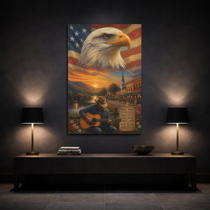 Mockup 3. Bald Eagle Over Small Town shown as canvas print