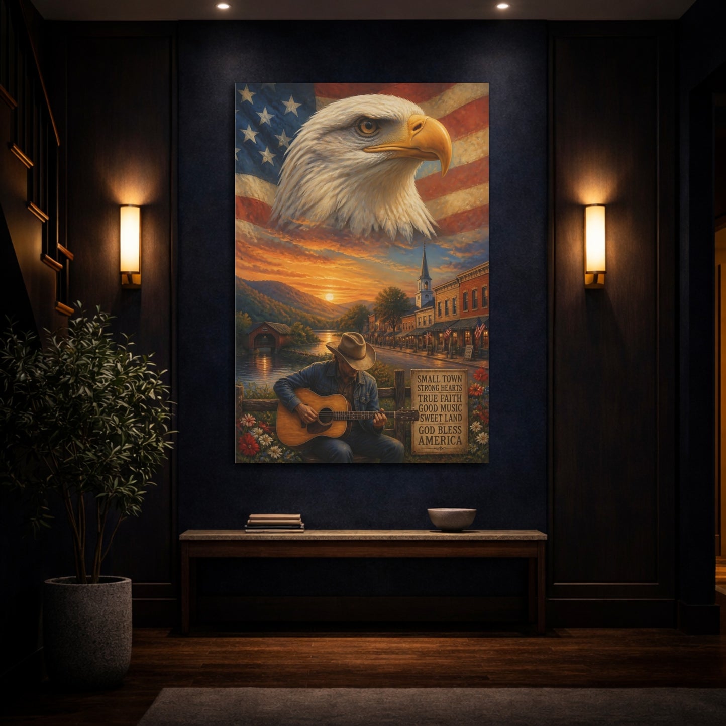 Mockup 4. Bald Eagle Over Small Town shown as canvas print