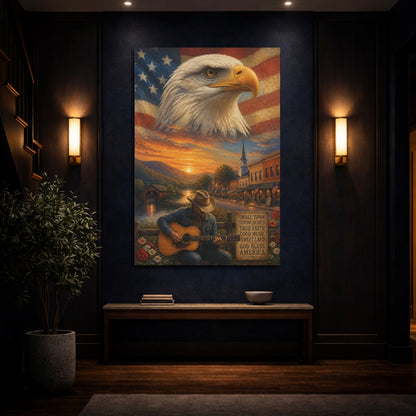 Mockup 4. Bald Eagle Over Small Town shown as canvas print