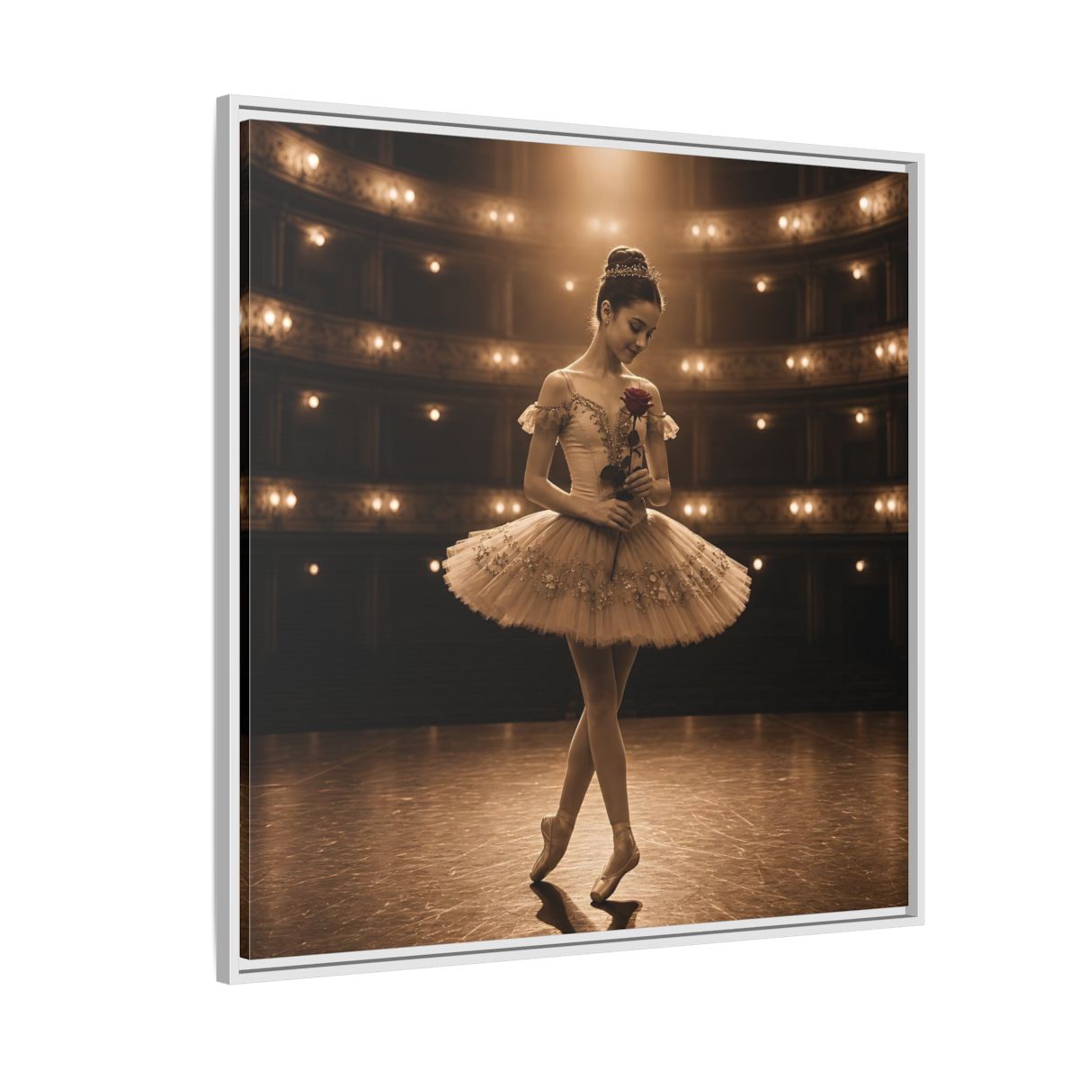 Side Mockup 4. Ballerina With Rose shown as framed canvas print