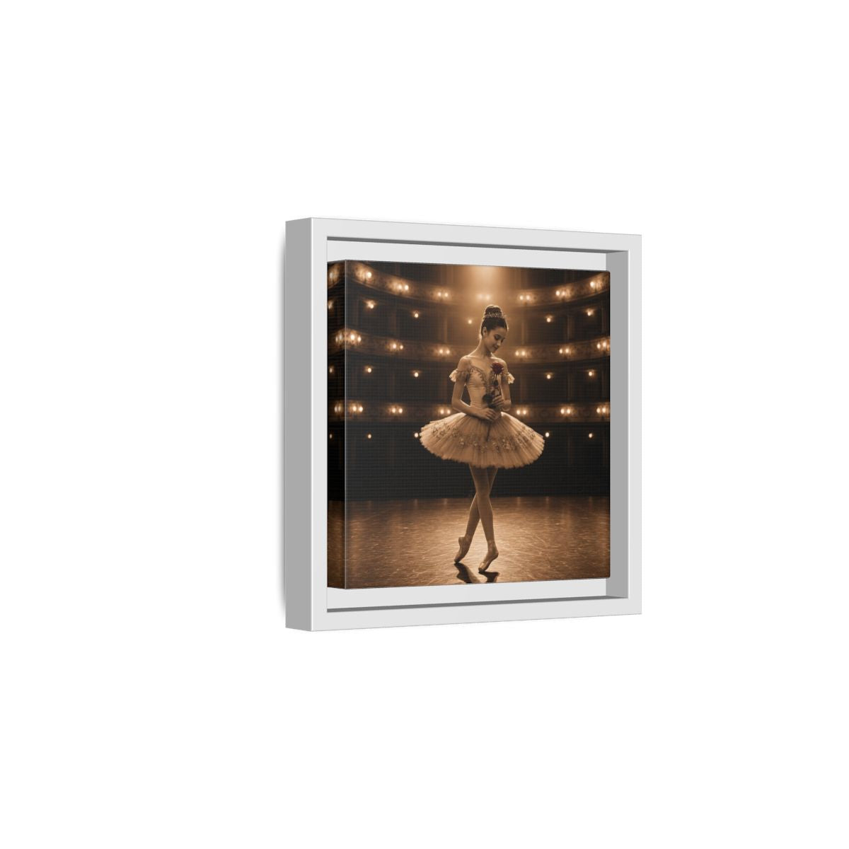 Side Mockup 1. Ballerina With Rose shown as framed canvas print