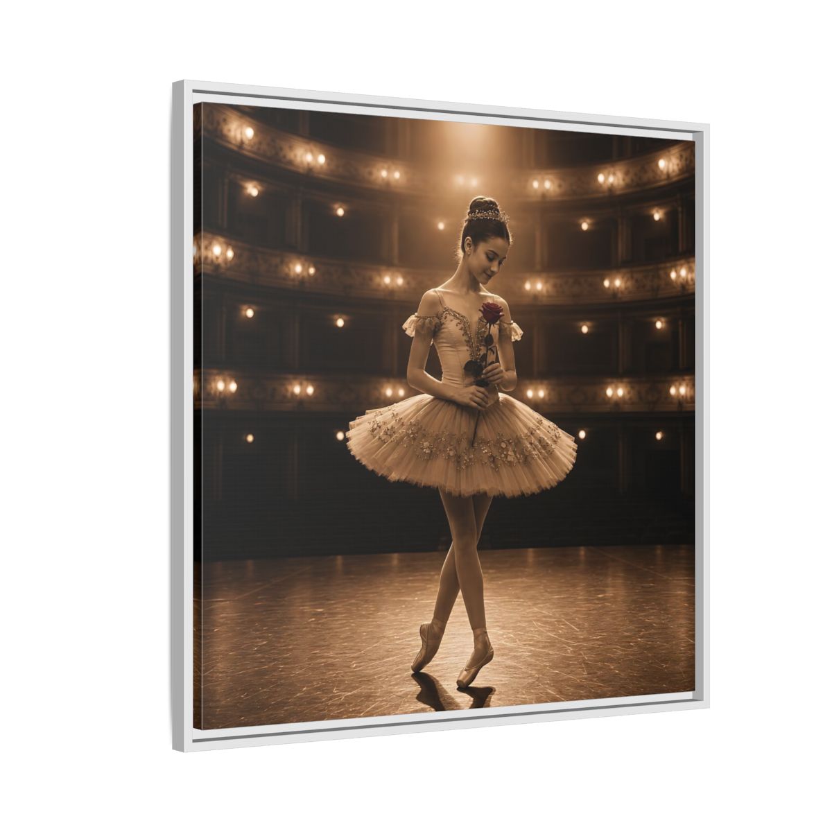 Side Mockup 7. Ballerina With Rose shown as framed canvas print