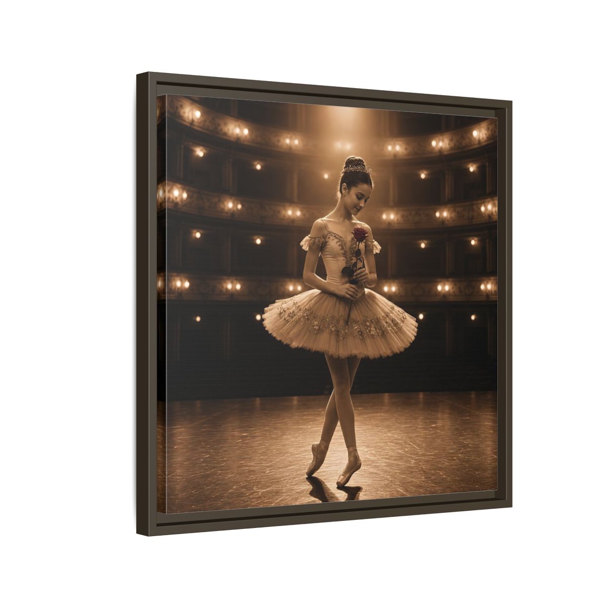 Side Mockup 11. Ballerina With Rose shown as framed canvas print