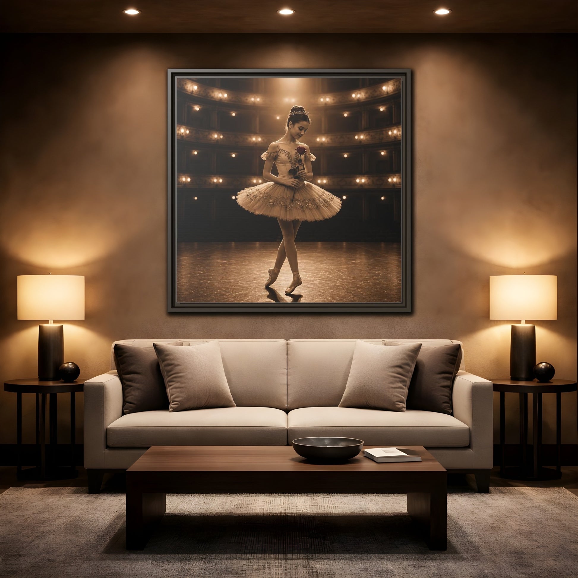Mockup 2. Ballerina With Rose shown as framed canvas print