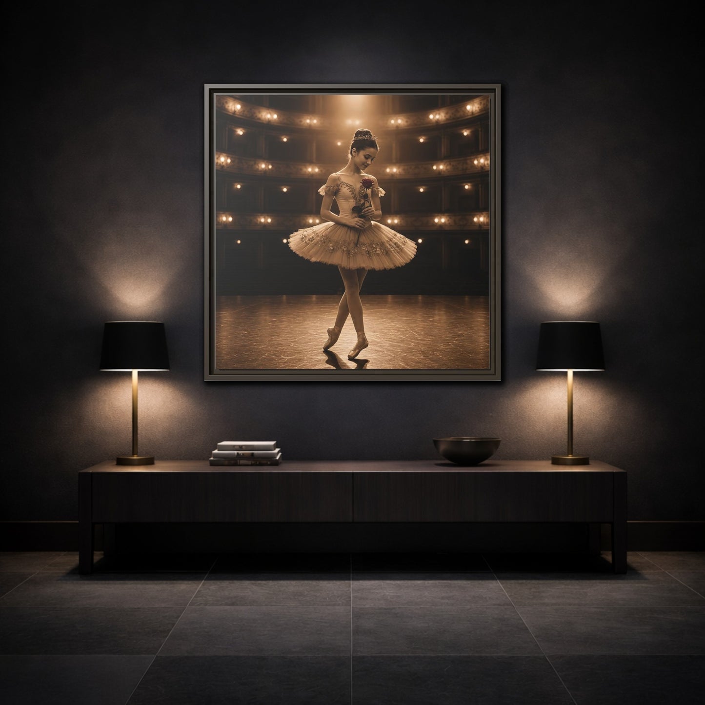 Mockup 3. Ballerina With Rose shown as framed canvas print