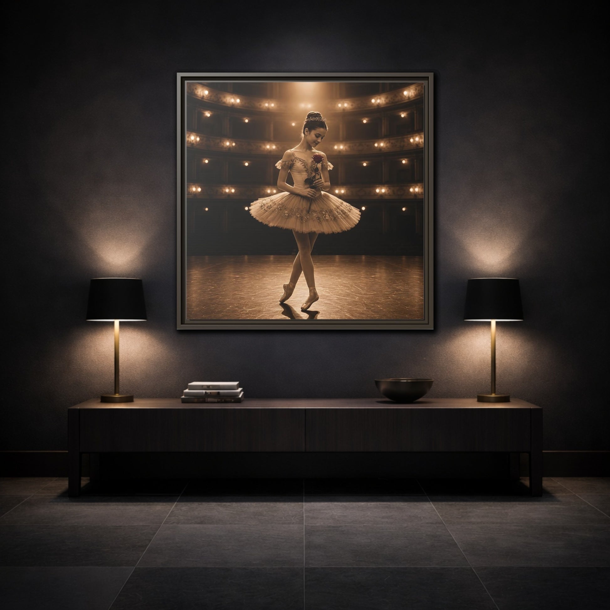 Mockup 3. Ballerina With Rose shown as framed canvas print