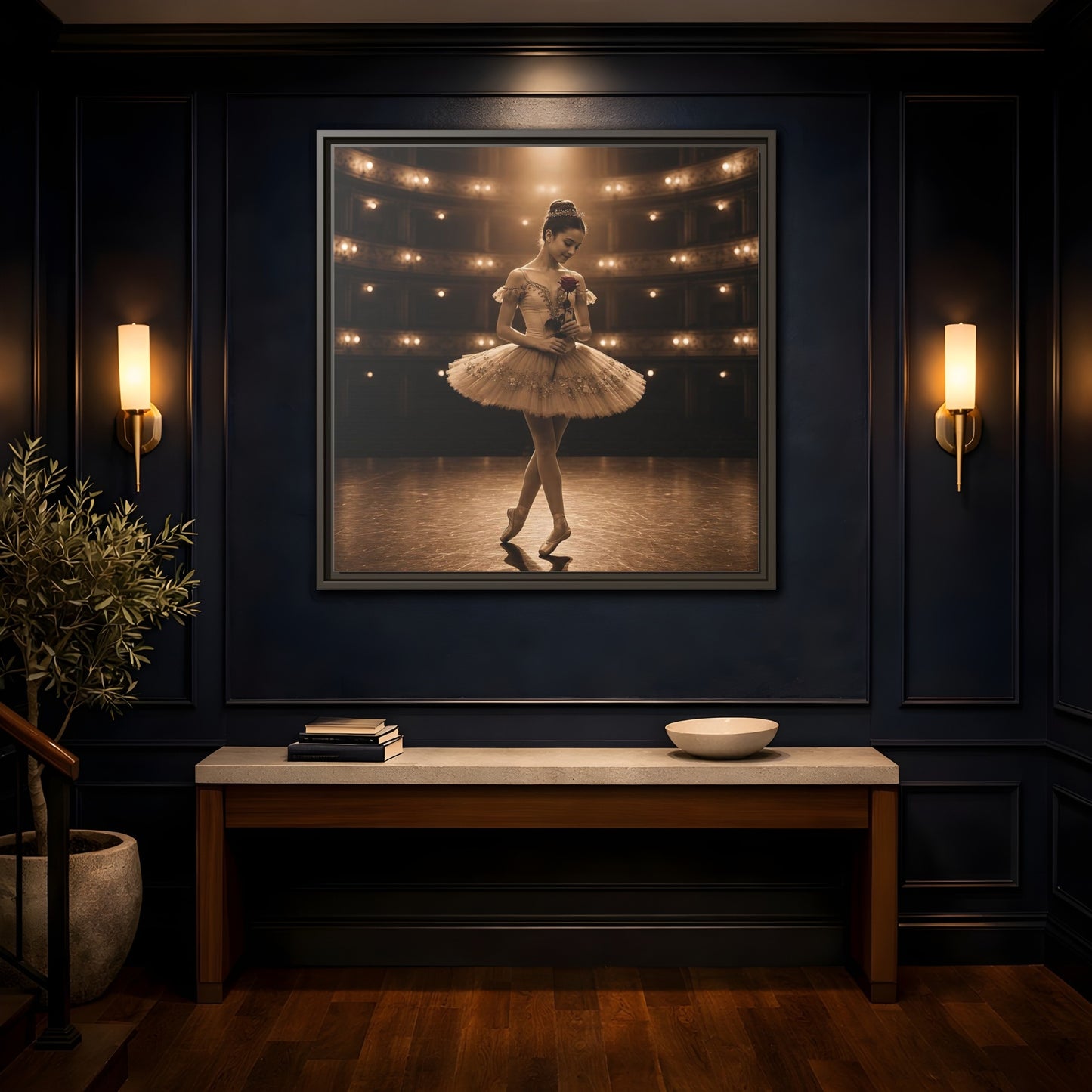 Mockup 4. Ballerina With Rose shown as framed canvas print