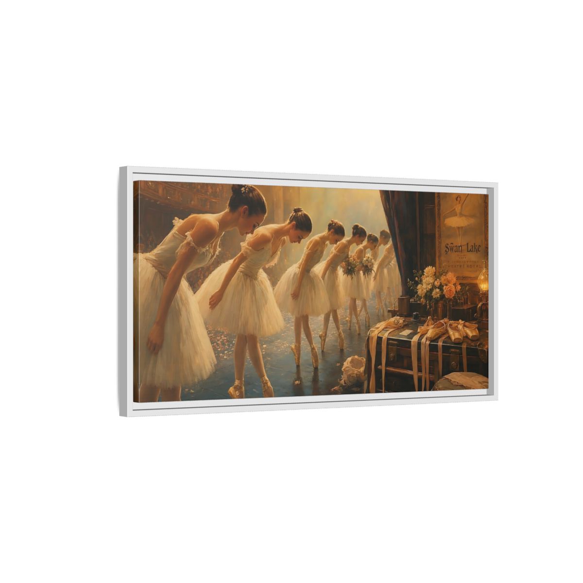 Side Mockup 1. Ballerinas' Curtain Call shown as framed canvas print
