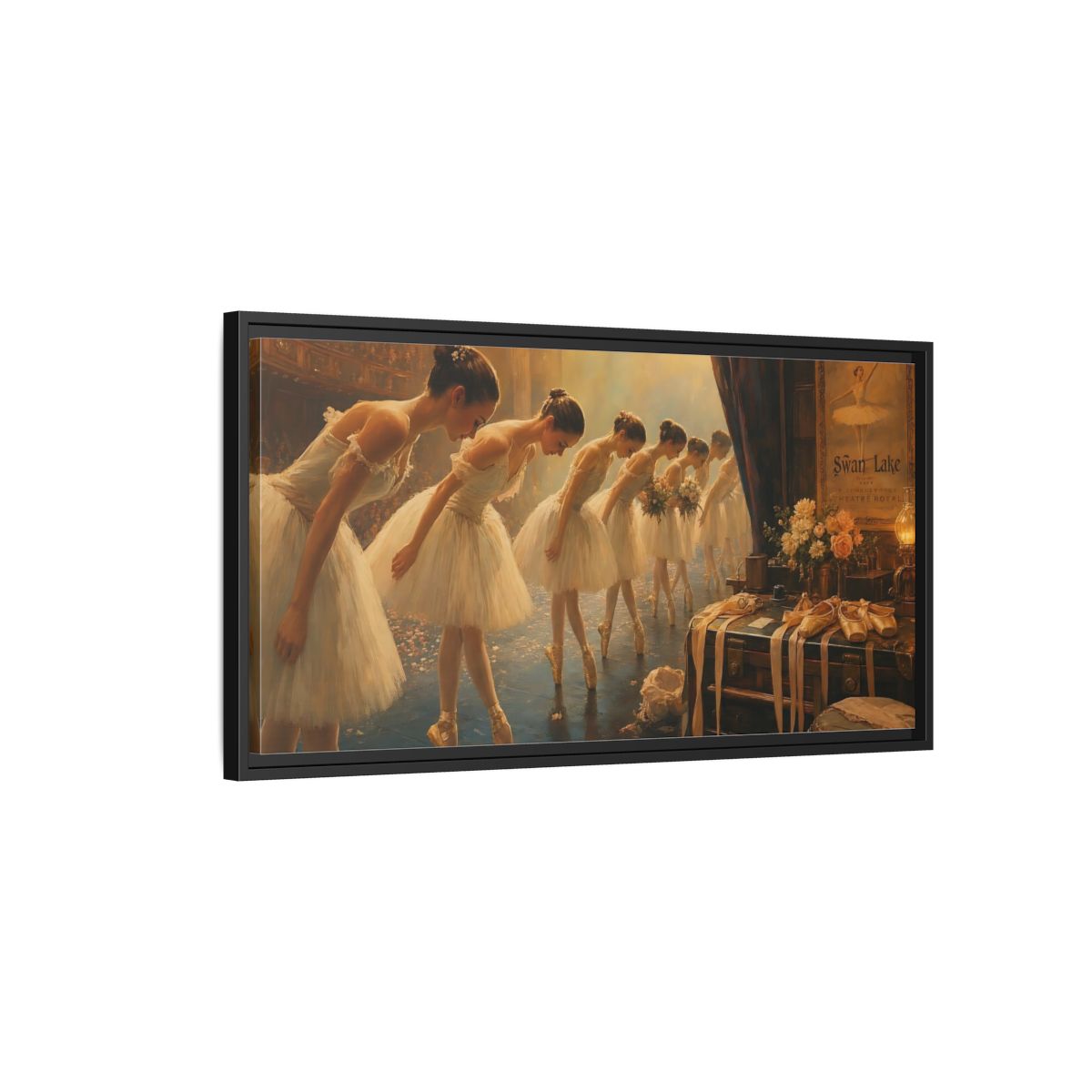 Side Mockup 2. Ballerinas' Curtain Call shown as framed canvas print