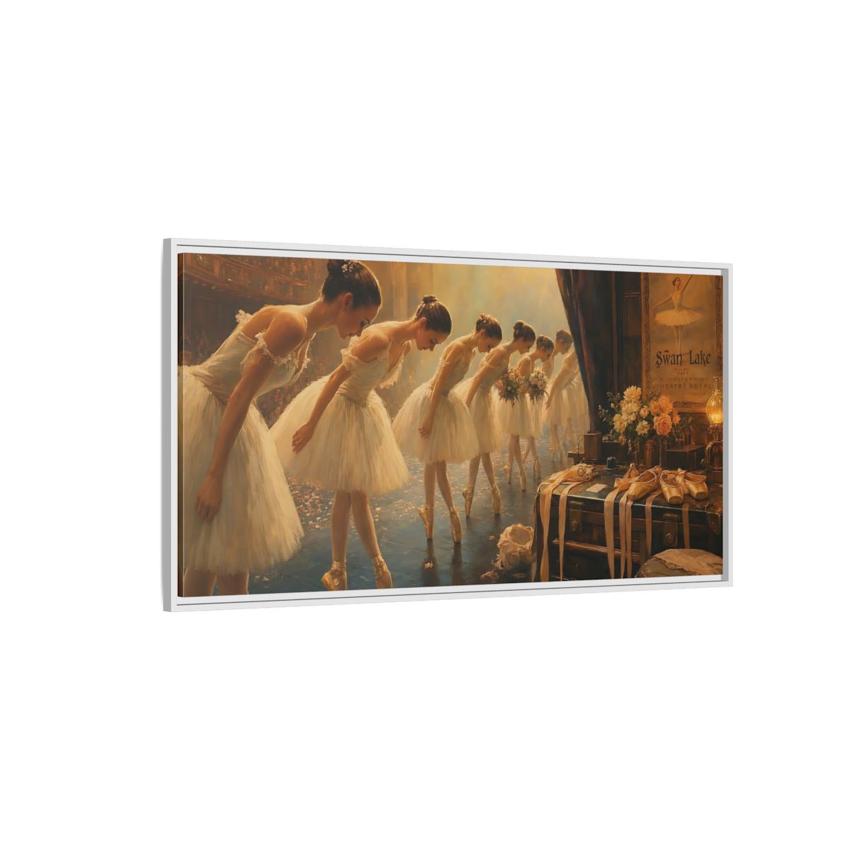 Side Mockup 3. Ballerinas' Curtain Call shown as framed canvas print