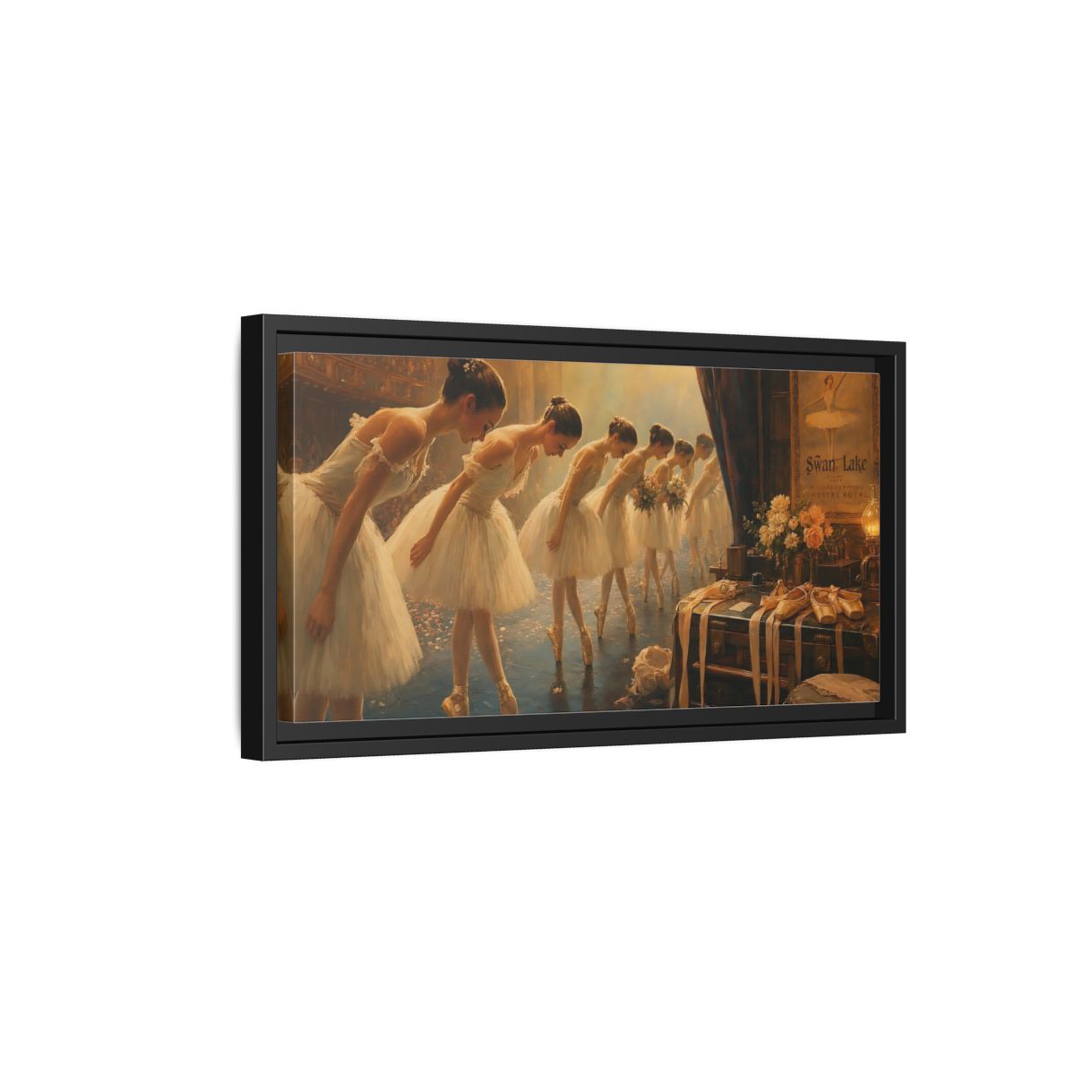 Side Mockup 8. Ballerinas' Curtain Call shown as framed canvas print