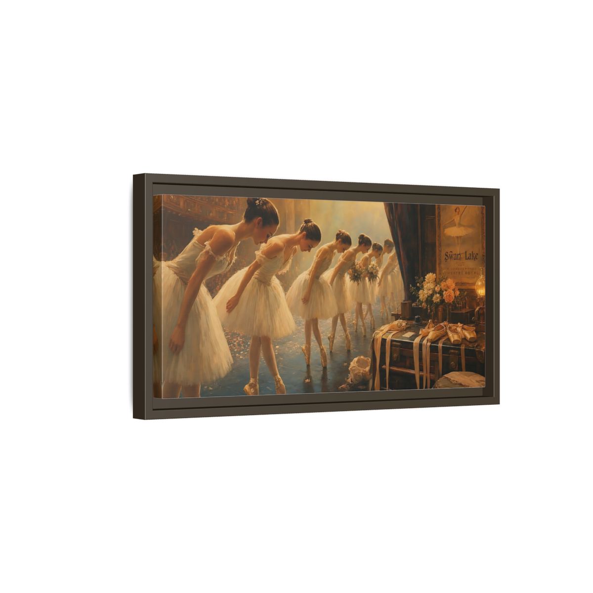 Side Mockup 7. Ballerinas' Curtain Call shown as framed canvas print