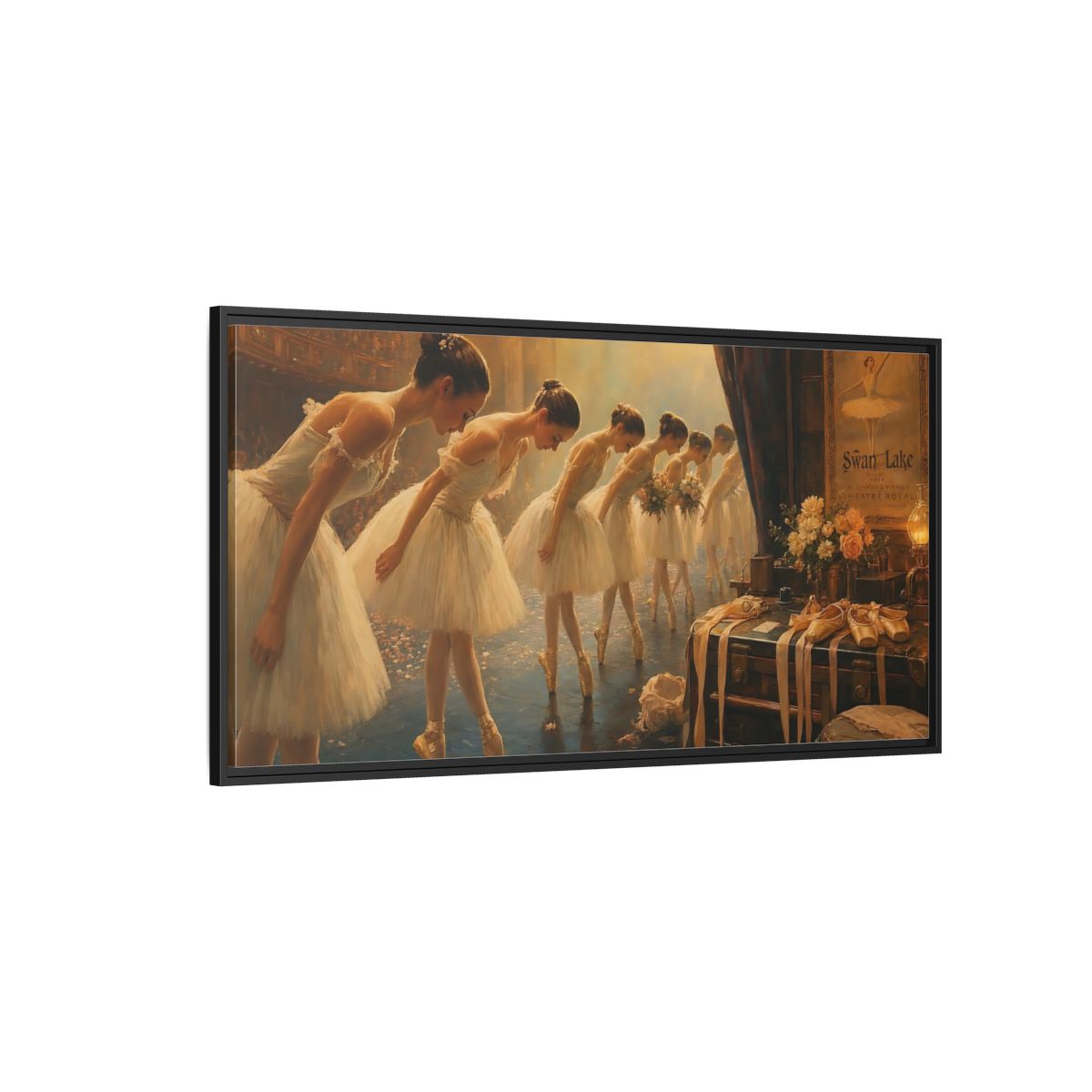 Side Mockup 5. Ballerinas' Curtain Call shown as framed canvas print