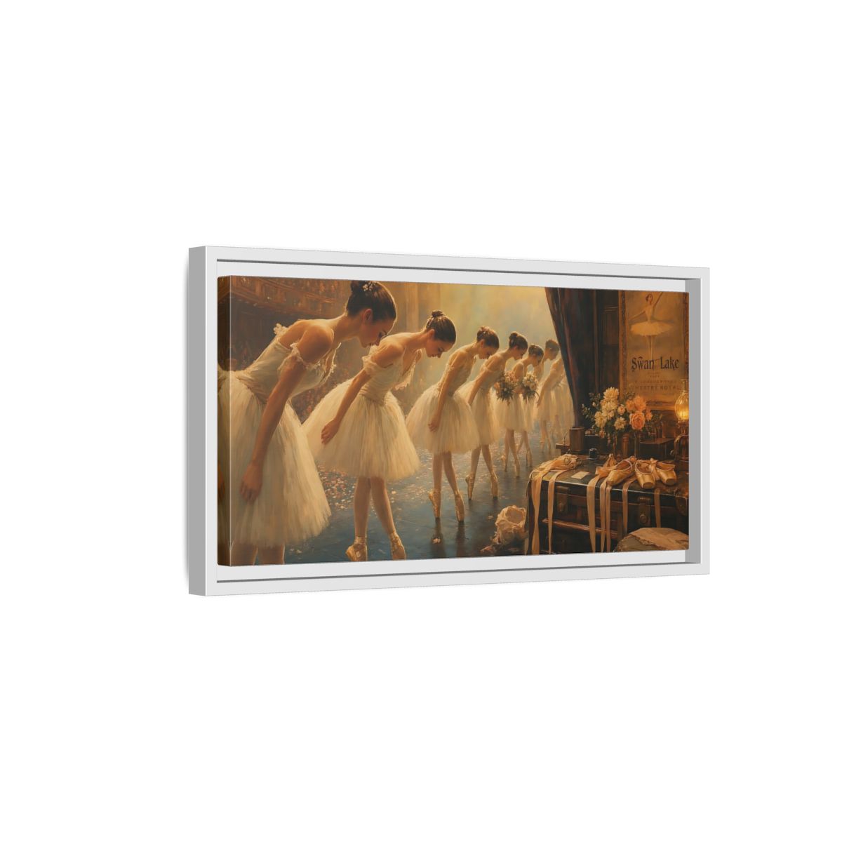 Side Mockup 6. Ballerinas' Curtain Call shown as framed canvas print