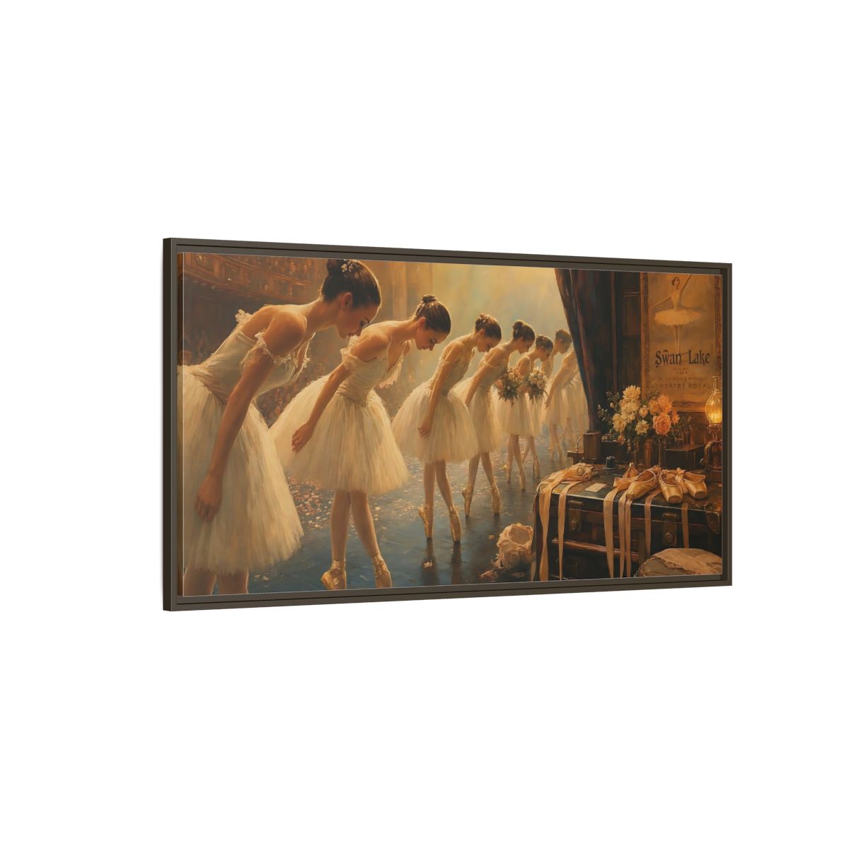 Side Mockup 4. Ballerinas' Curtain Call shown as framed canvas print